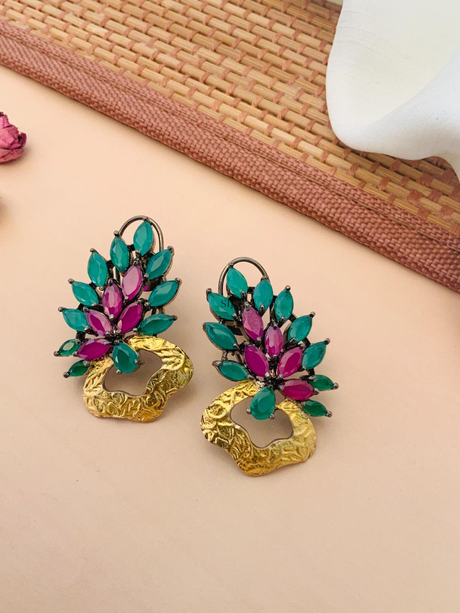 Imitation Green& Pink Stone Leaf Design Earrings