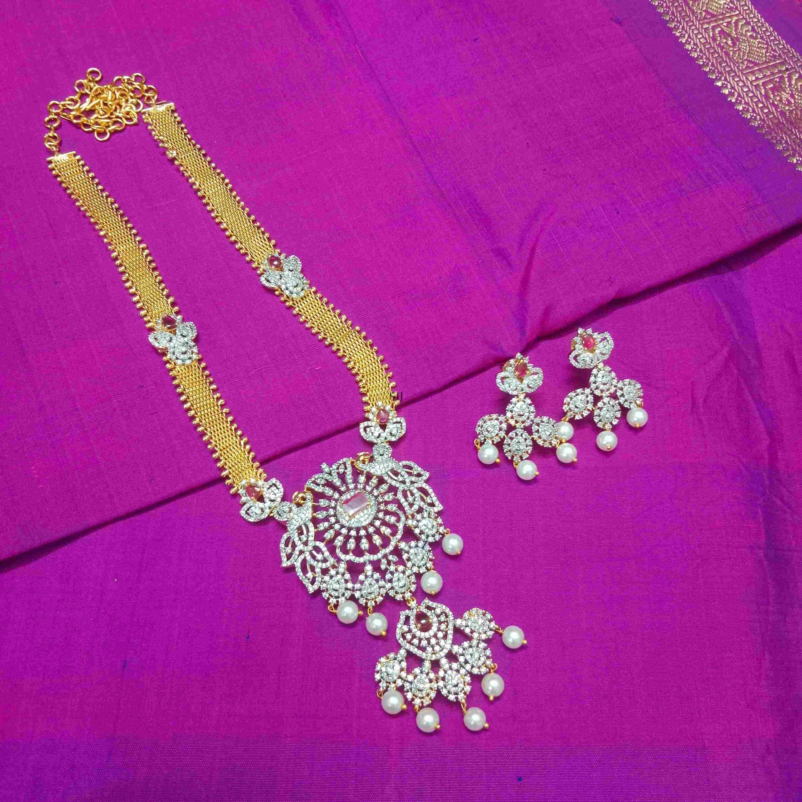 Imitation Pearl Drop Diamond AD Long Necklace