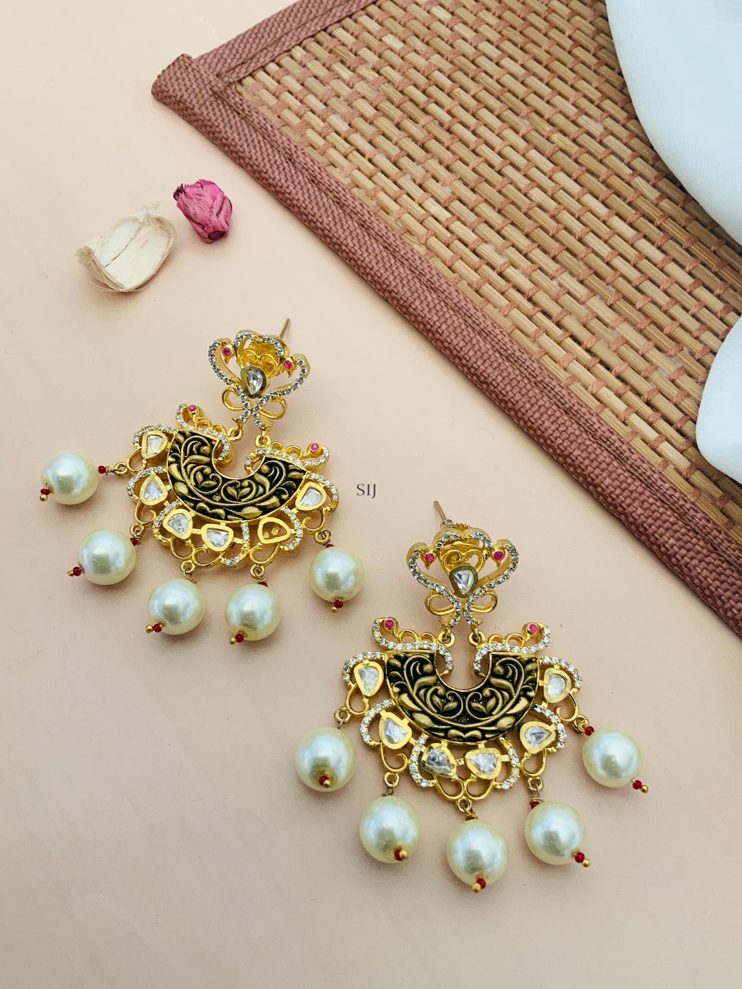 Imitation Pearl Drop White Stone Earrings