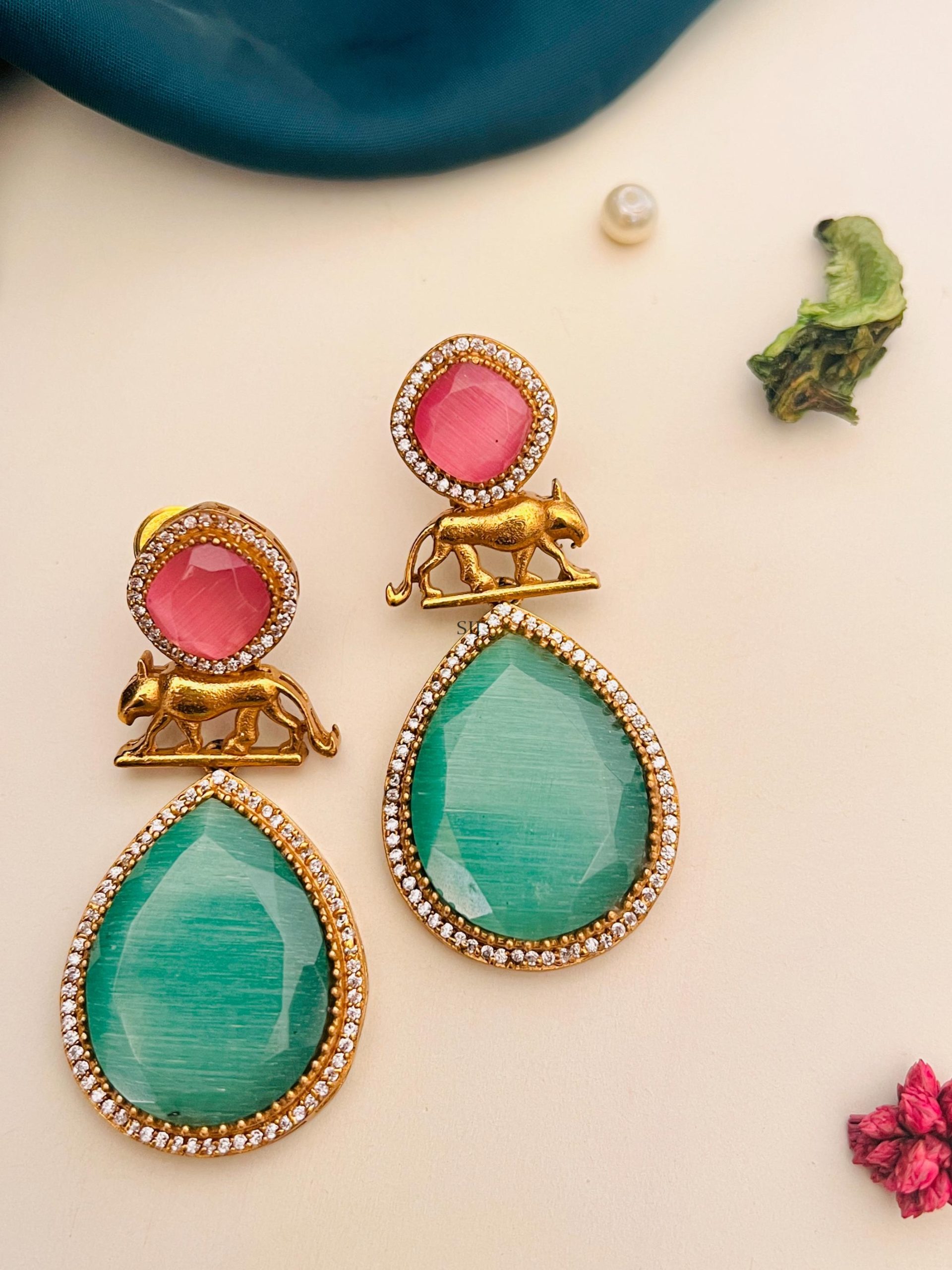Imitation Pink &Green Stone Earrings