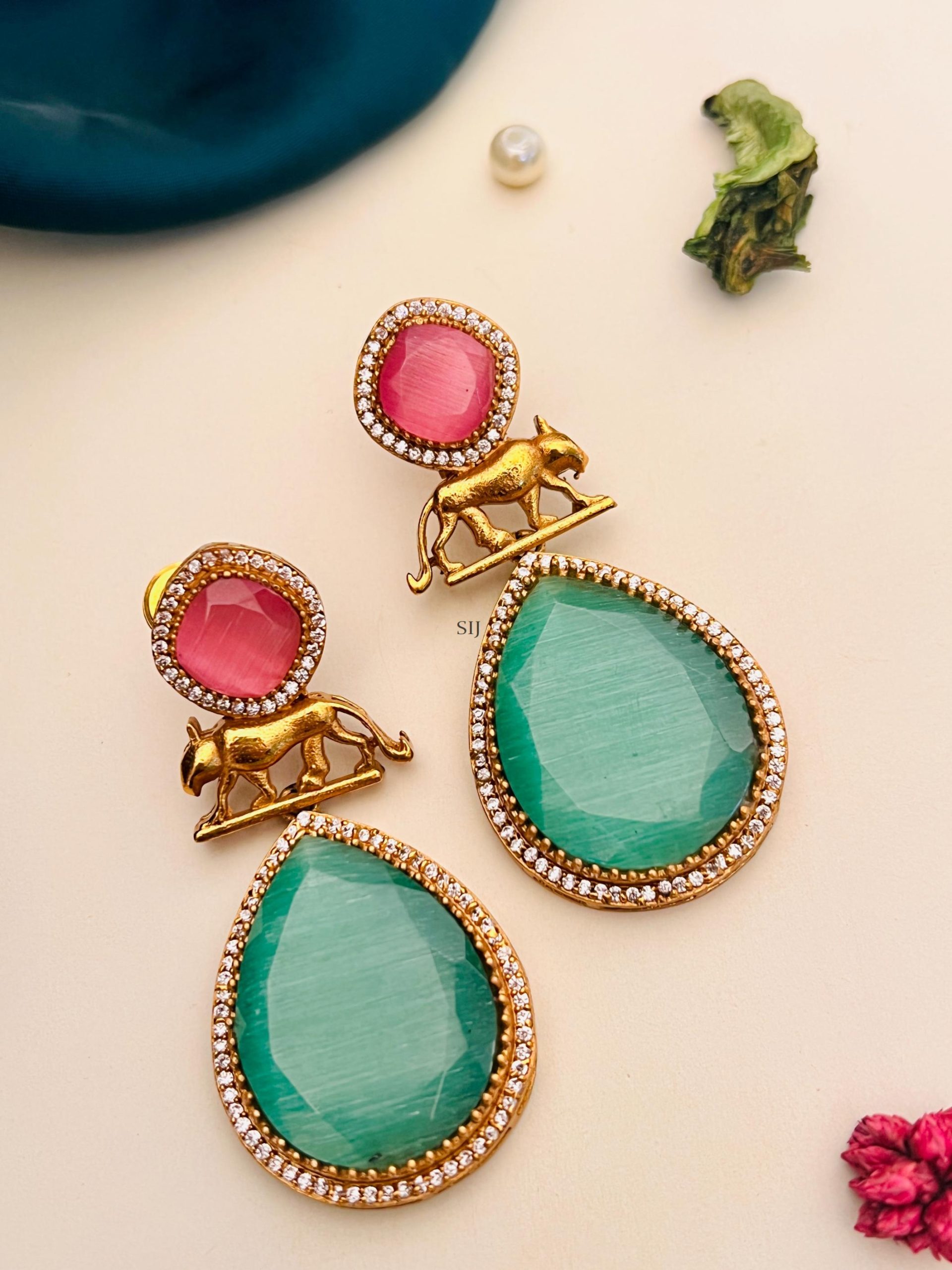 Imitation Pink &Green Stone Earrings