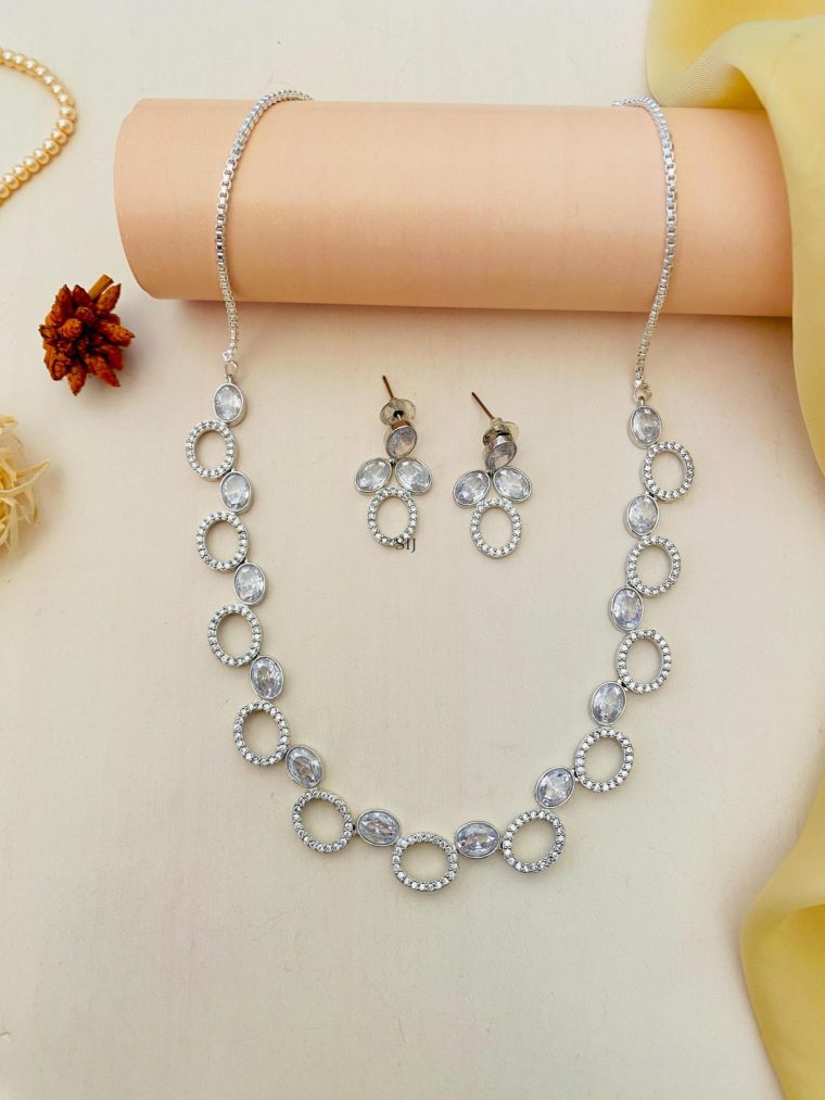 Imitation Silver Plated American Diamond Necklace _1