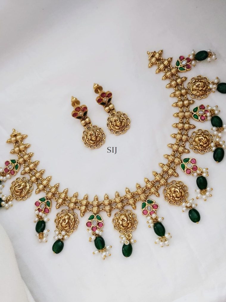 Jadau Kundan Floral With Pearl Drop Ganesh Necklace