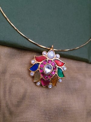 Jadau Navratna Stone Pendant With Hasli Necklace