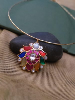 Jadau Navratna Stone Pendant With Hasli Necklace