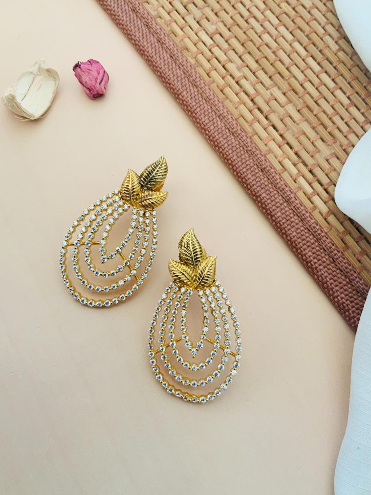 Leaf Design 4 Layer White Stone Earrings