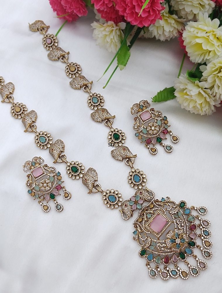 Multicolour Stones Victorian Elephant design Long necklace