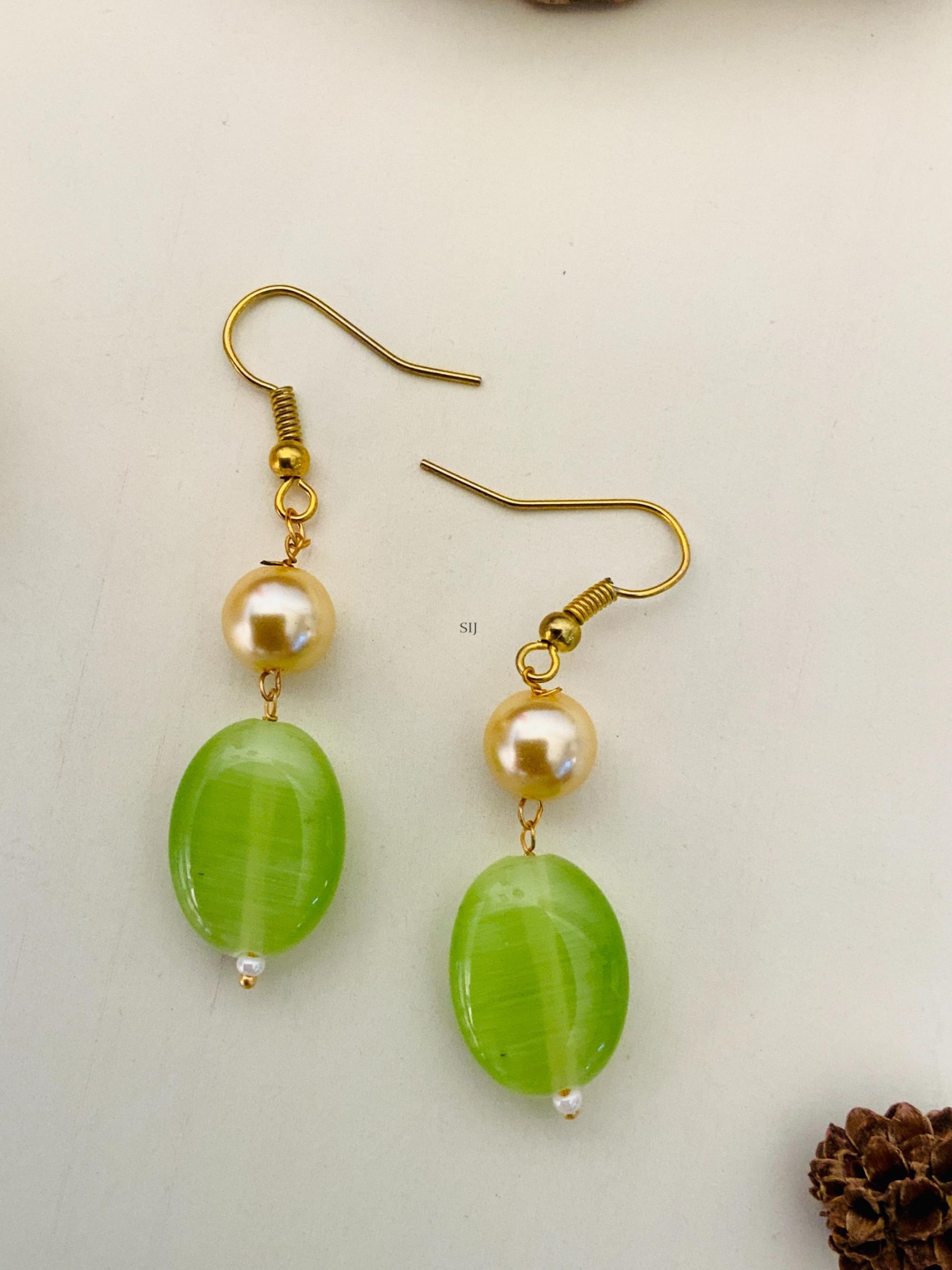 Pearl Drop Green Colour Beads Earrings