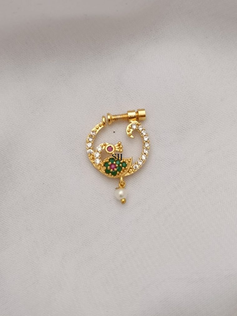 Pearl Drop Peacock Design Multi Stone Screwtype Nose Pin