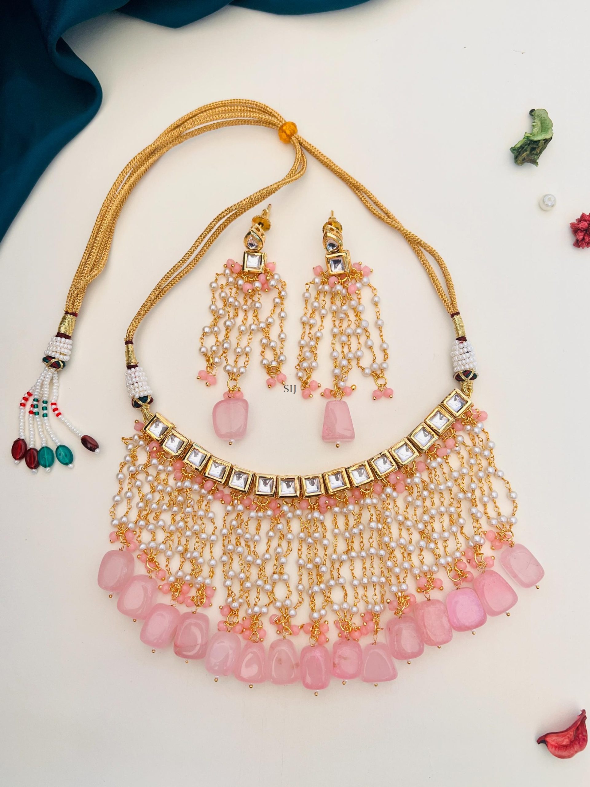 Imitation Kundan Choker with Pearl Hanging Baby Pink Beads