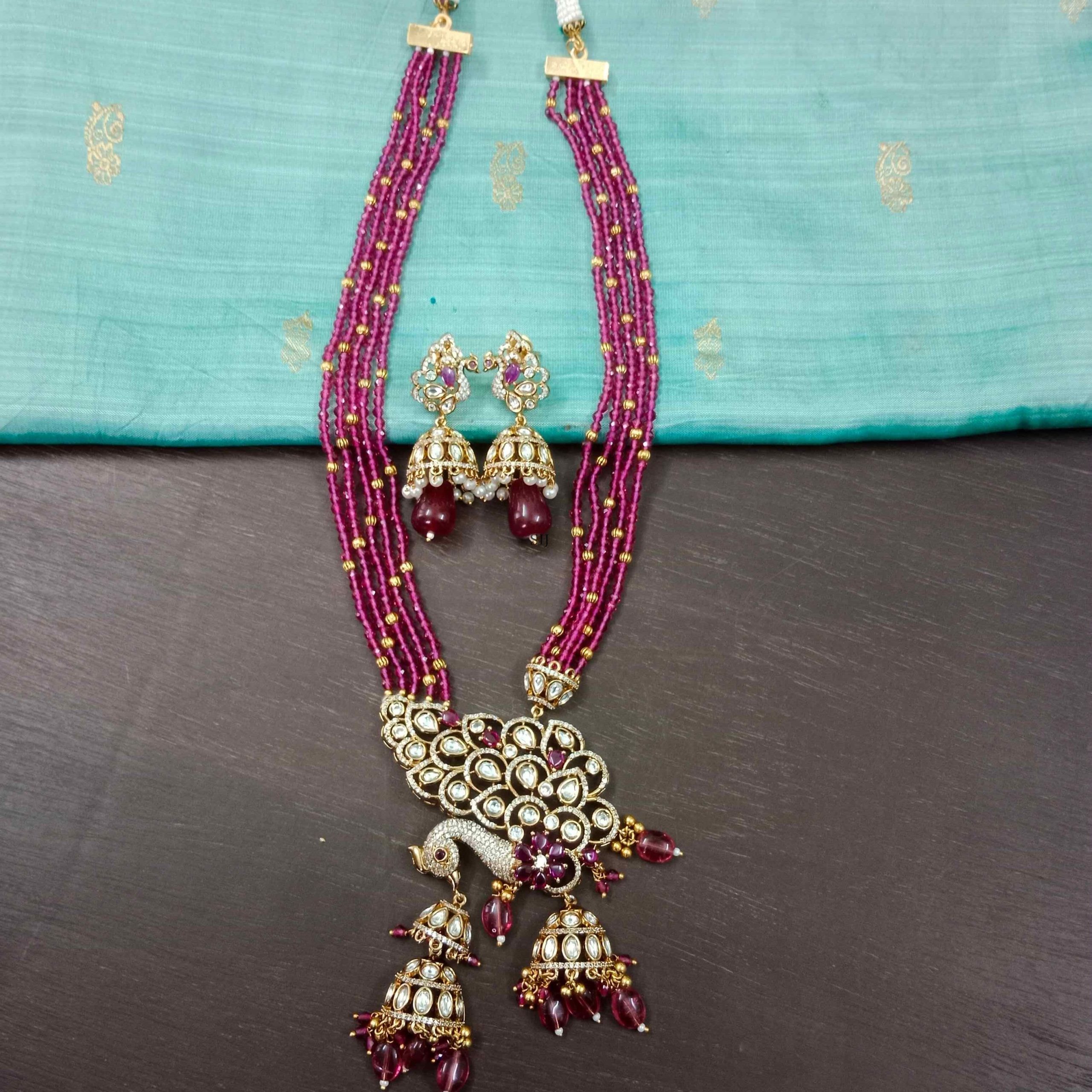 Shimmering Victorian Peacock Design With Maroon Beads Haram