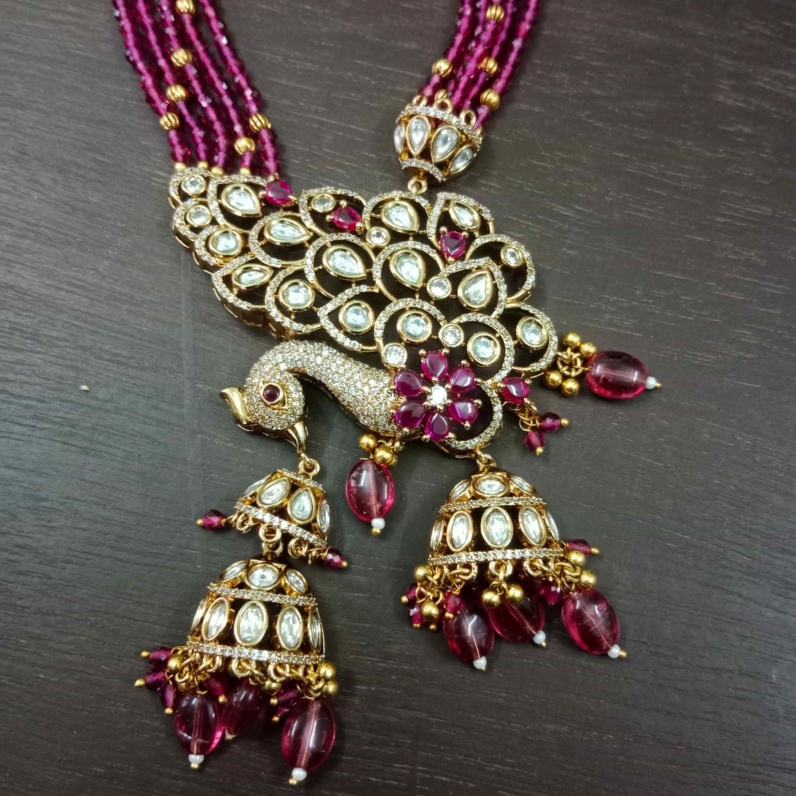 Shimmering Victorian Peacock Design With Maroon Beads Haram