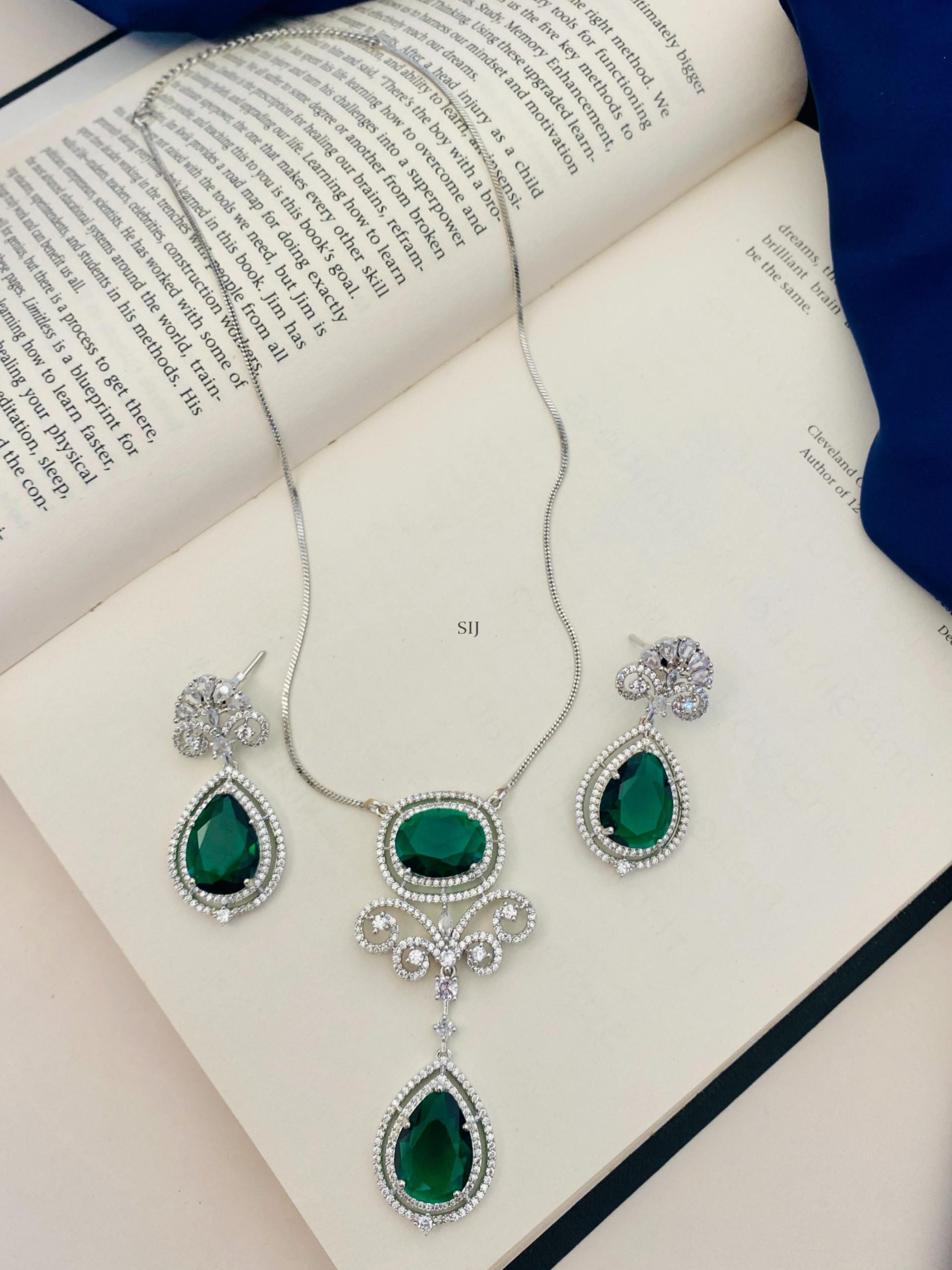 Silver Plated American Diamond Green Stone Chain &Pendant - South India ...