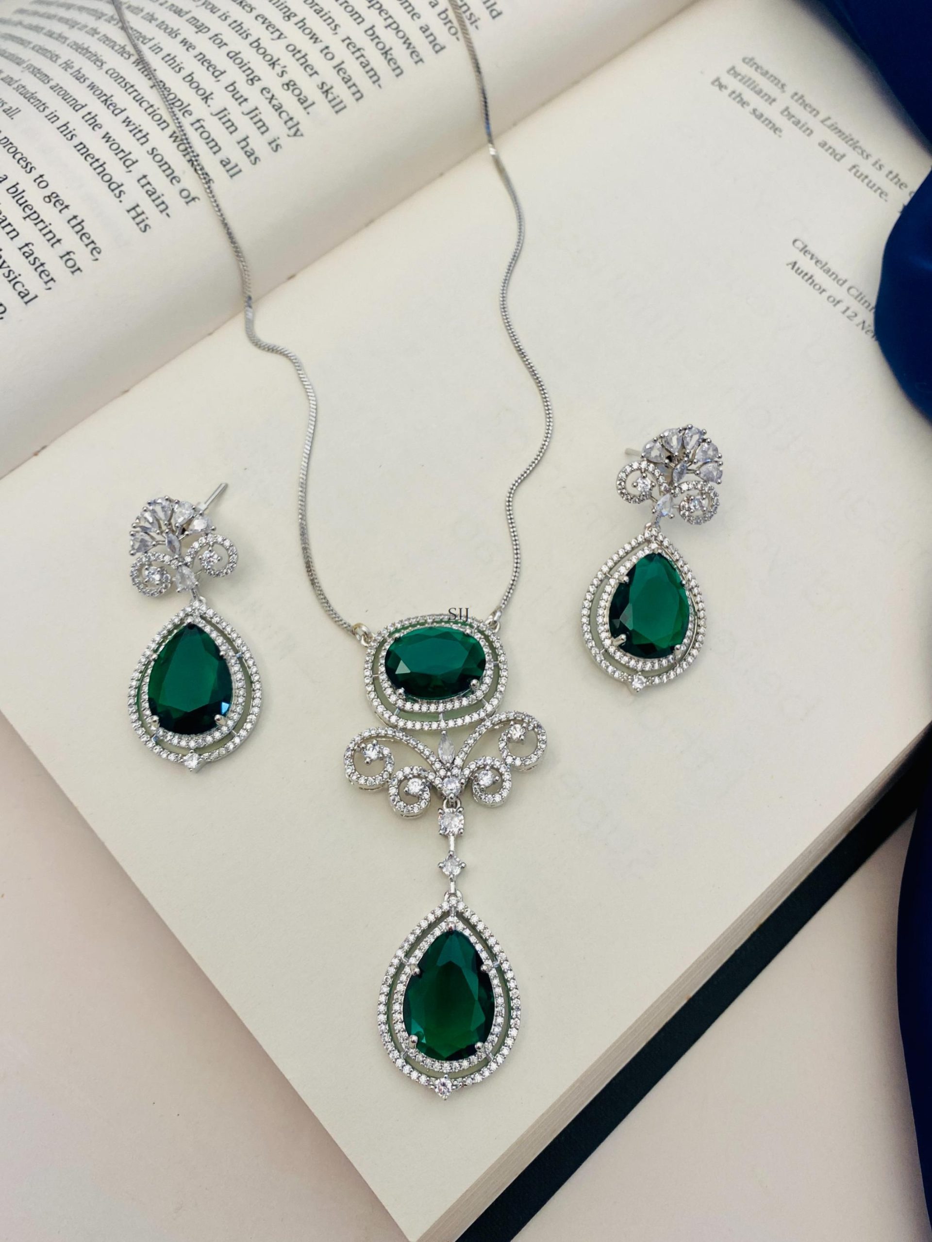 Silver Plated American Diamond Green Stone Chain &Pendant - South India ...