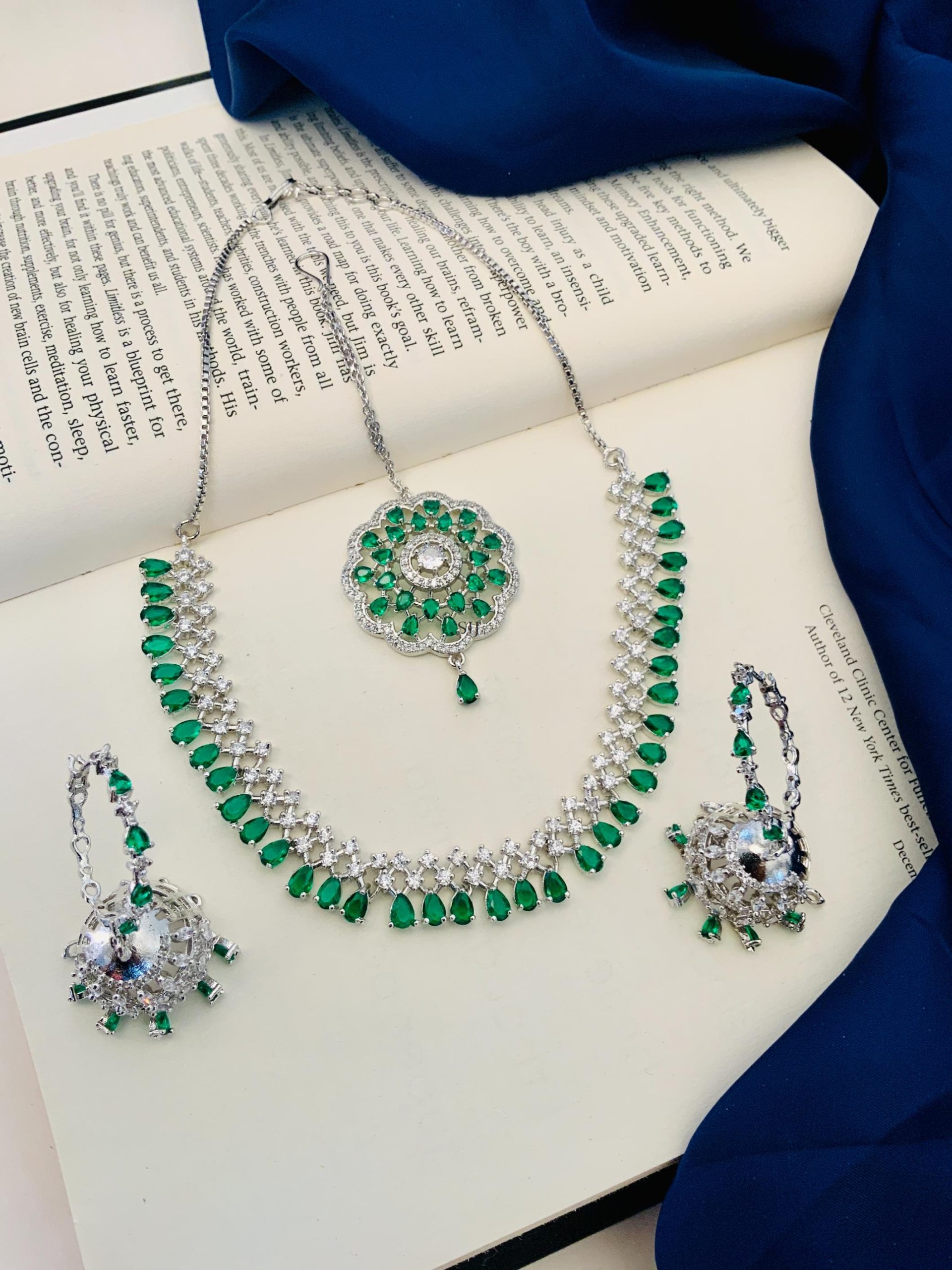 Silver Plated American Diamond Green Stone Necklace Combo