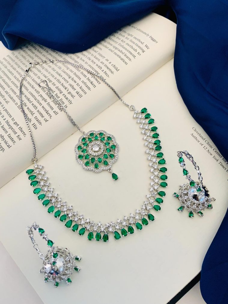 Silver Plated American Diamond Green Stone Necklace Combo