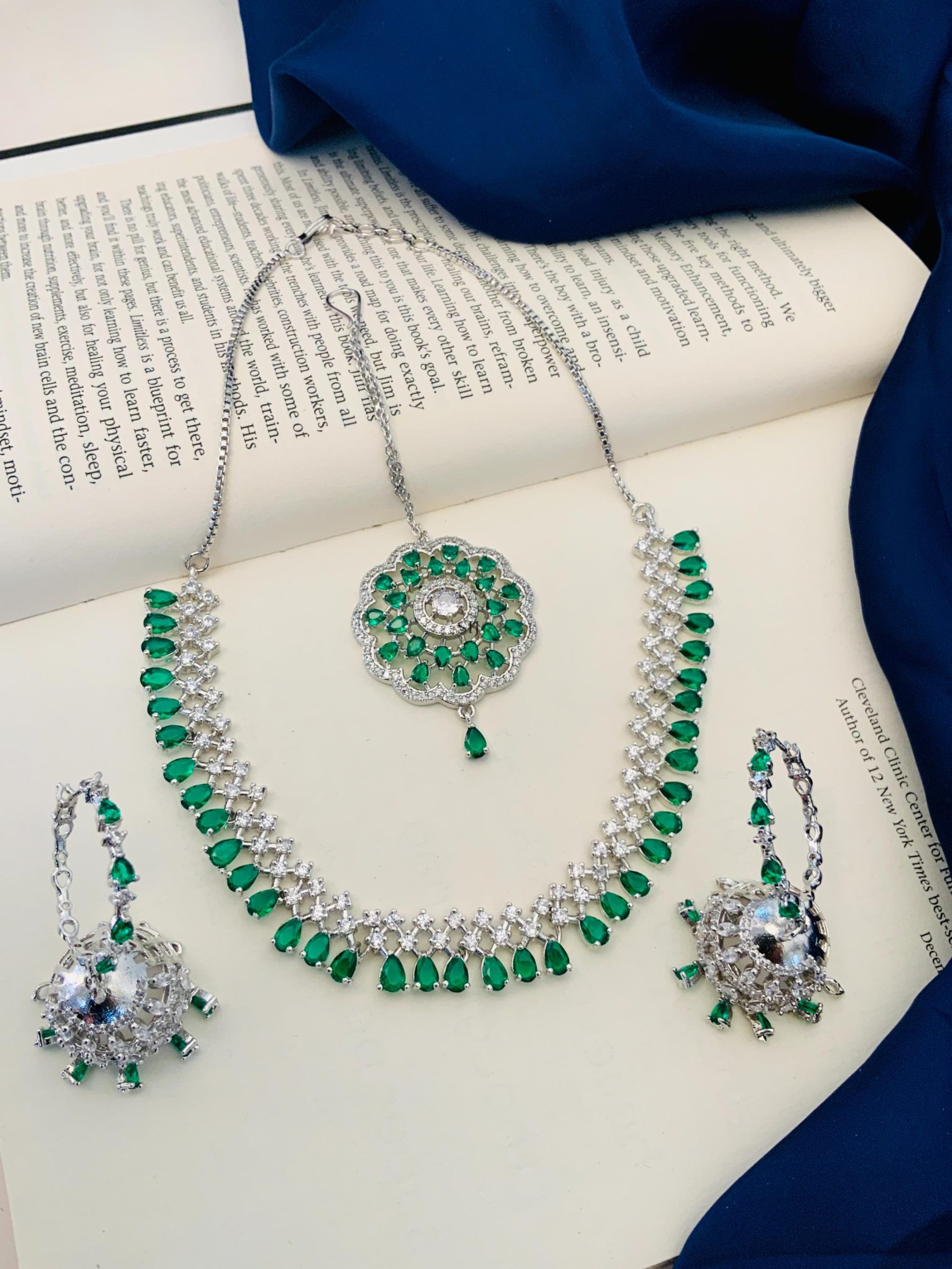 Silver Plated American Diamond Green Stone Necklace Combo