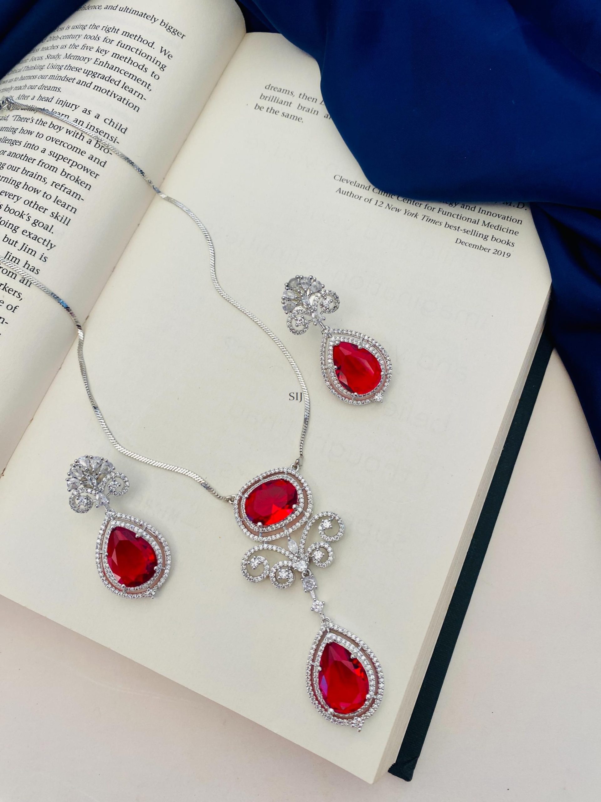 Silver Plated American Diamond Red Stone Chain &Pendant