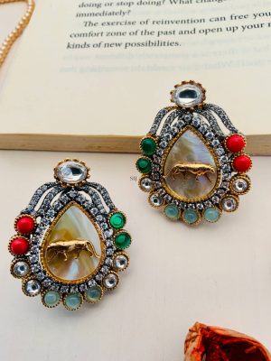 Silver-Plated Stone Studded & Beaded Classic Ear Studs