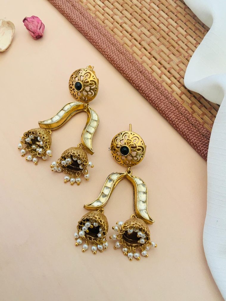 U Shaped Double Jhumkas Polki Earrings