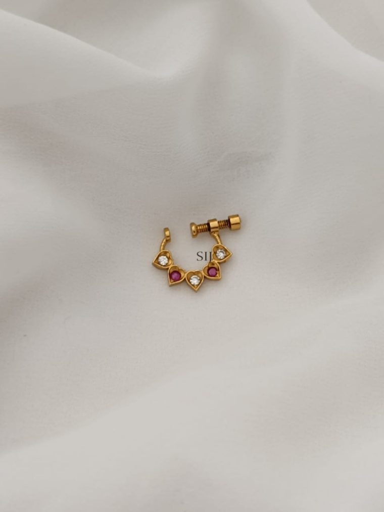 White and Ruby Stones Heart Shape Nose Pin