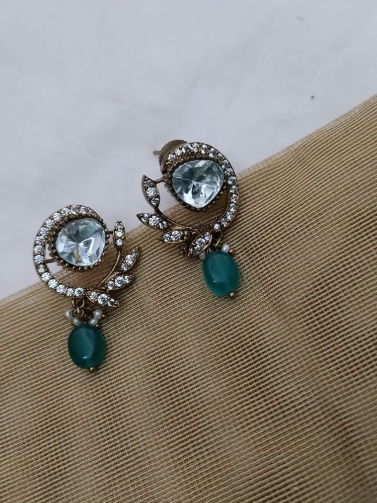 White Stone Green Beads Pearl Drop Victorian Earrings