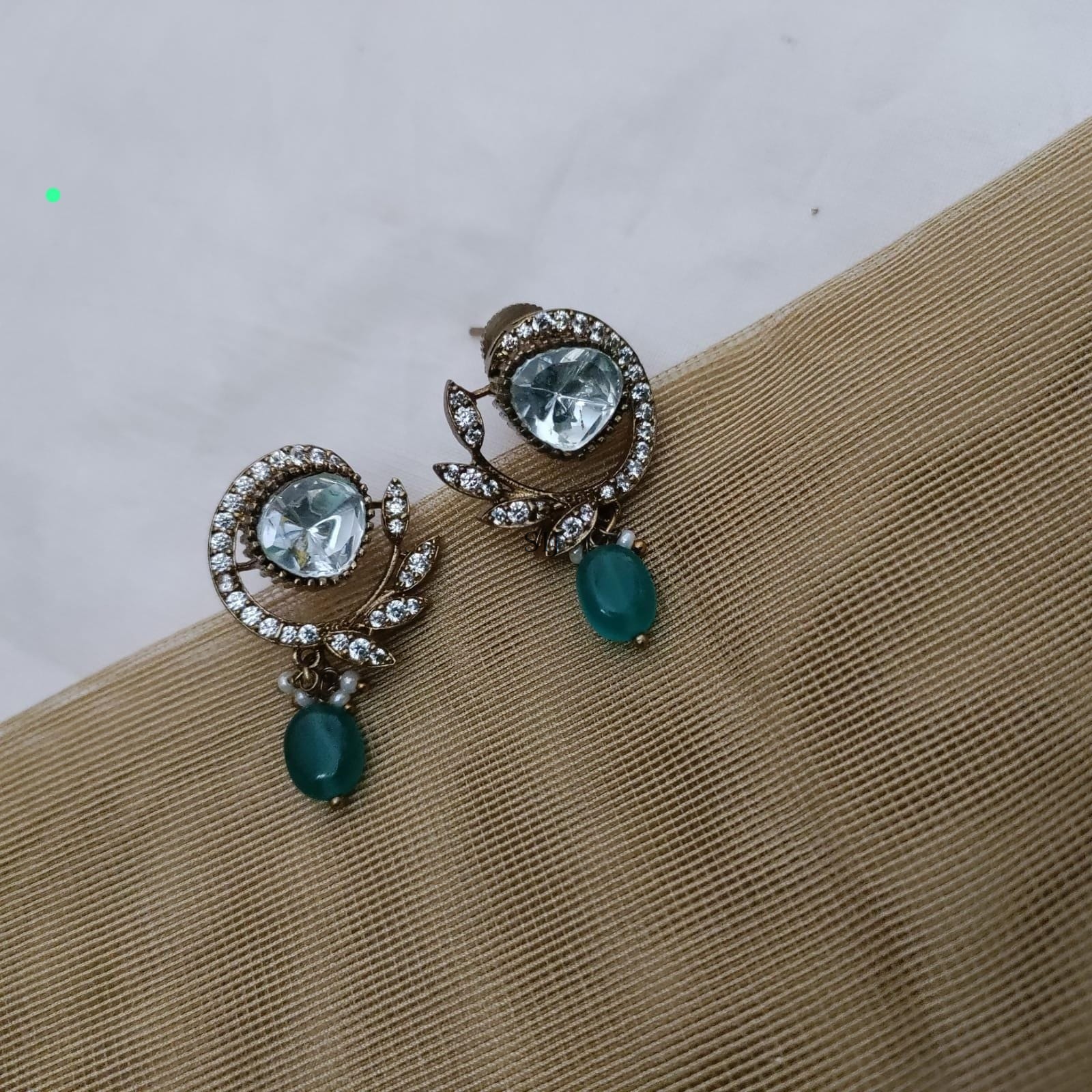 White Stone Green Beads Pearl Drop Victorian Earrings