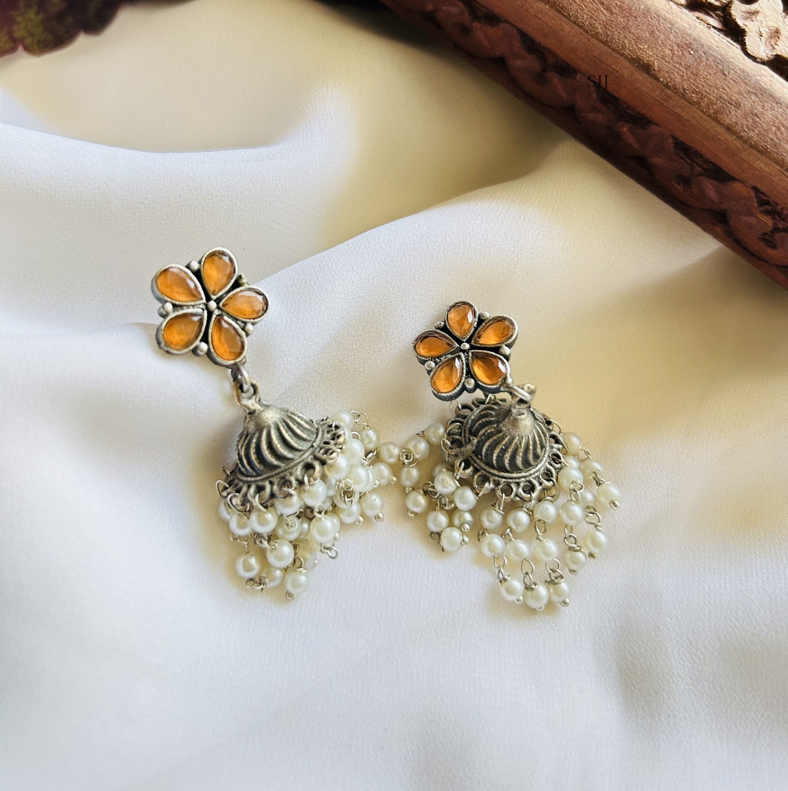 German Silver Flower Earrings with Pearl Jhumkas