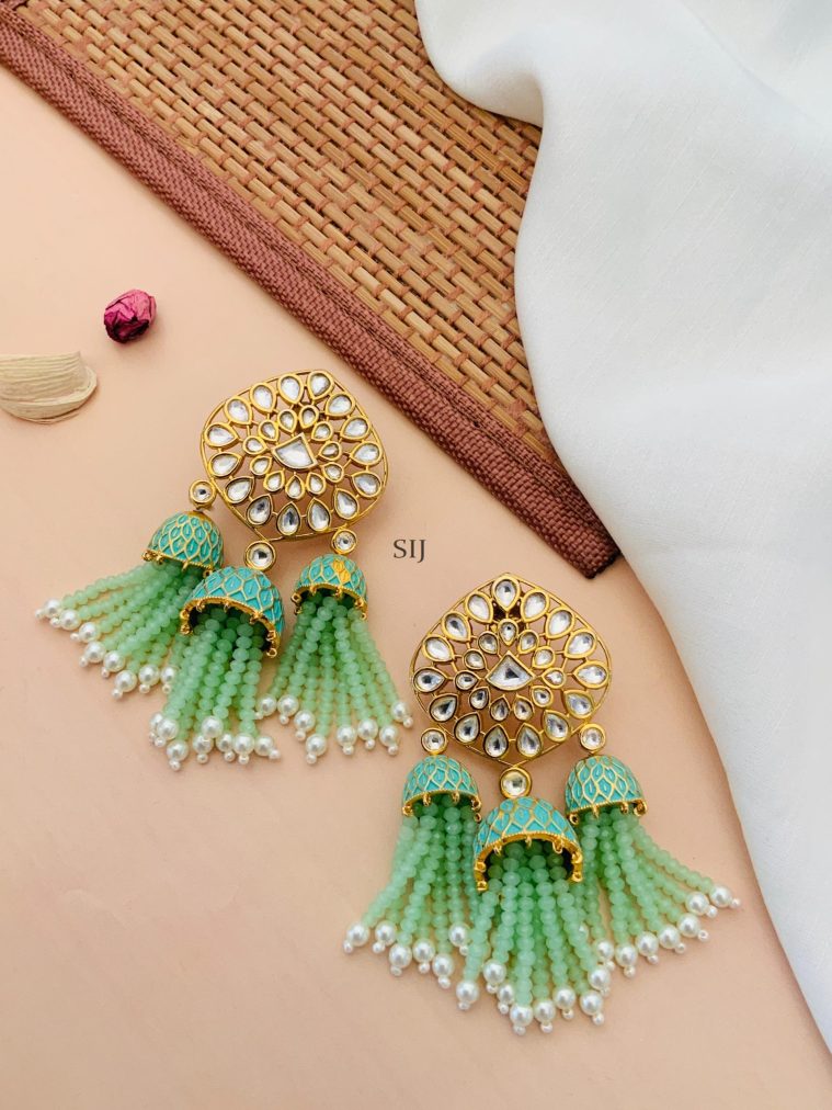 Artificial Gold Plated Pista Kundan Jhumkas