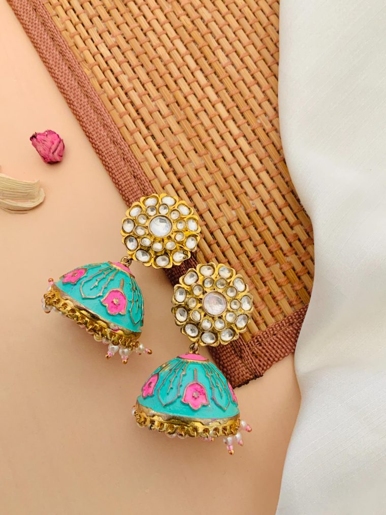 Artificial Gold Plated Polki Kundan Jhumkas