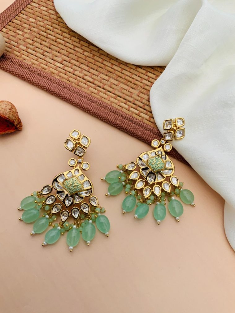 Imitation Kundan Stones With Green Hanging Earrings