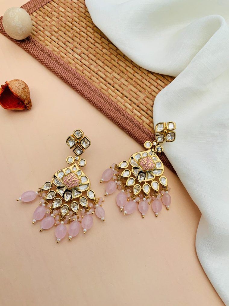 Artificial Kundan Stones With Pink Hanging Earrings