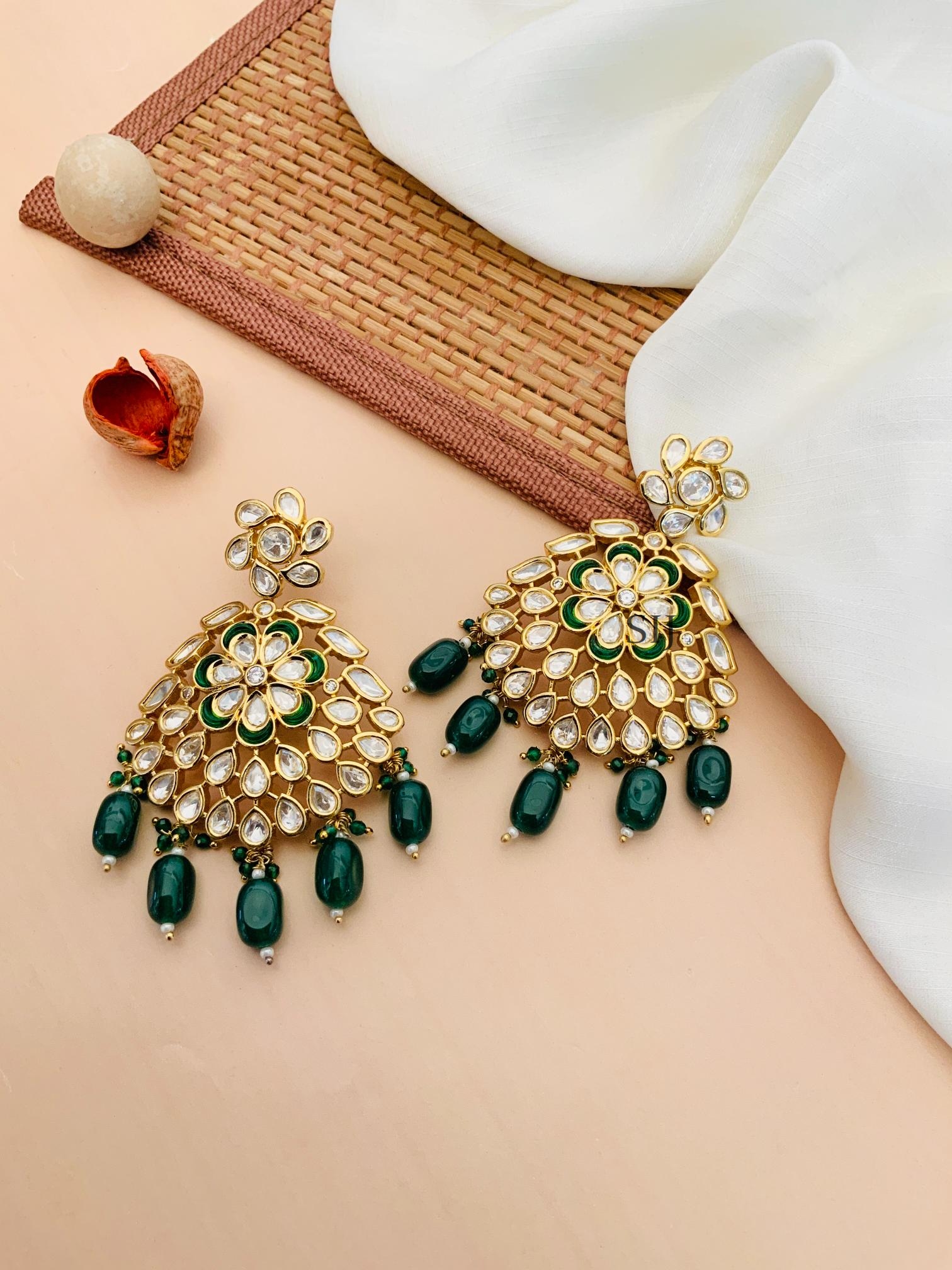 Artificial Flower Engraved Kundan Earrings