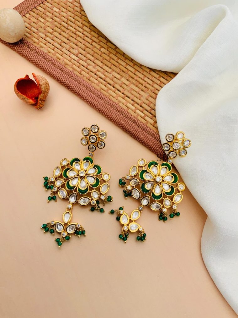 Artificial Gold Plated Kundan Stones Earrings With Beaded Hanging