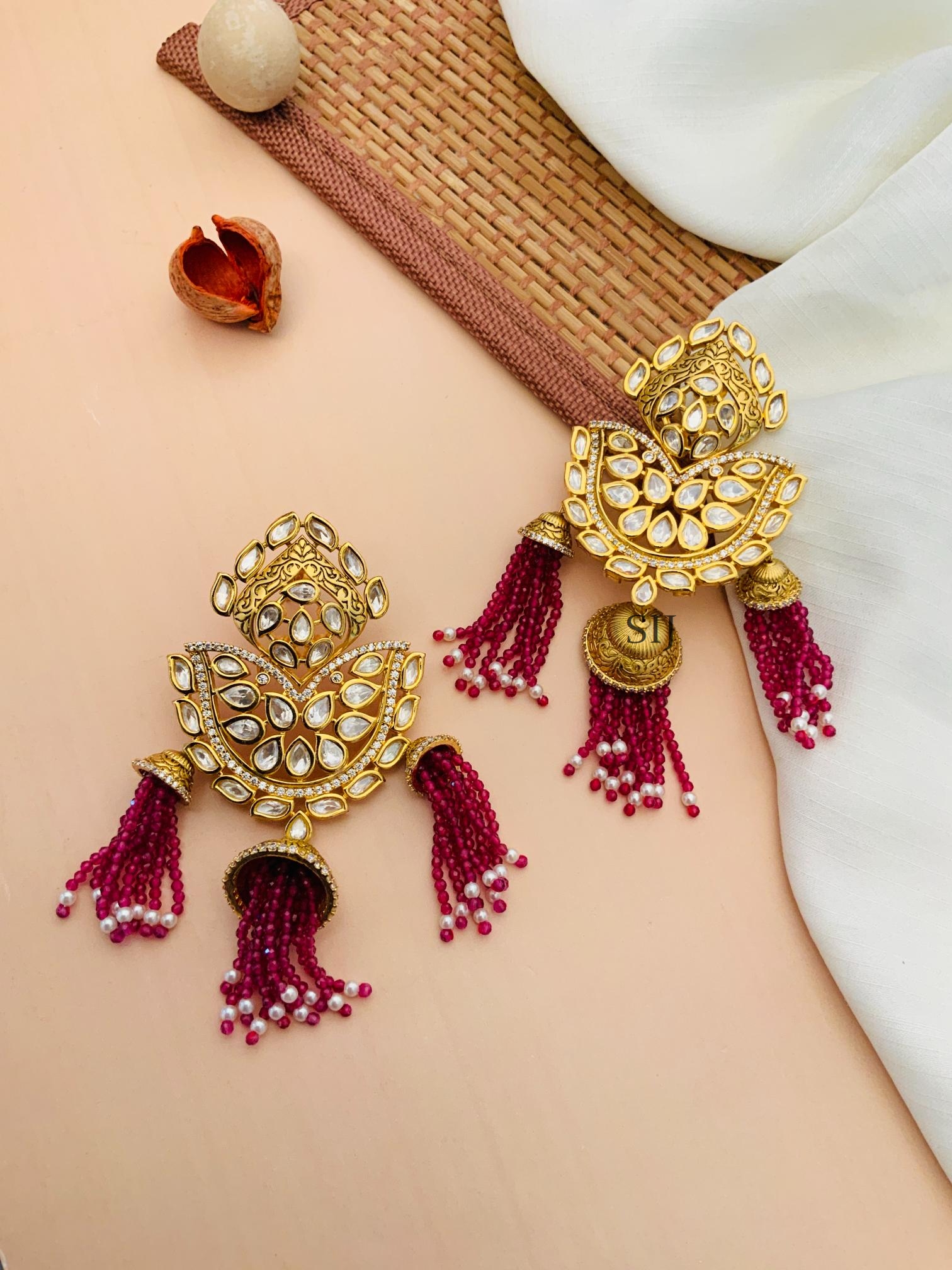 Kundan Stones Earrings With Maroon Pearl Beaded Hanging