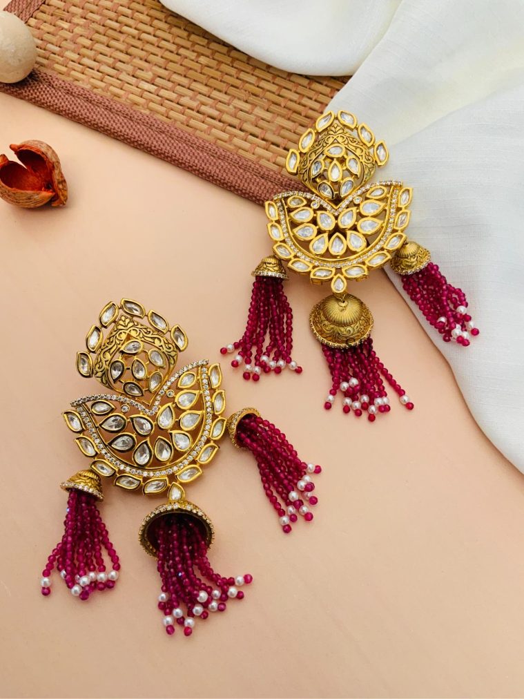 Kundan Stones Earrings With Maroon Pearl Beaded Hanging