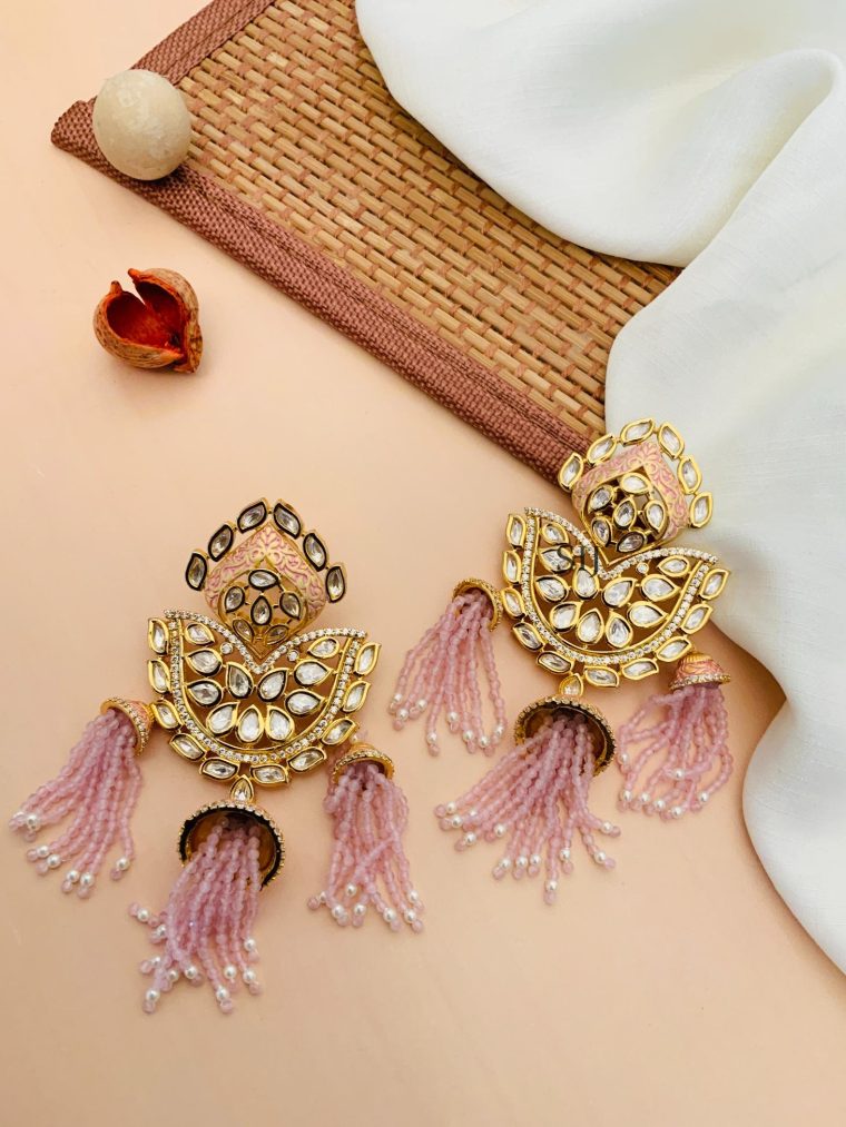 Kundan Stones Earrings With Pink Beaded Hanging