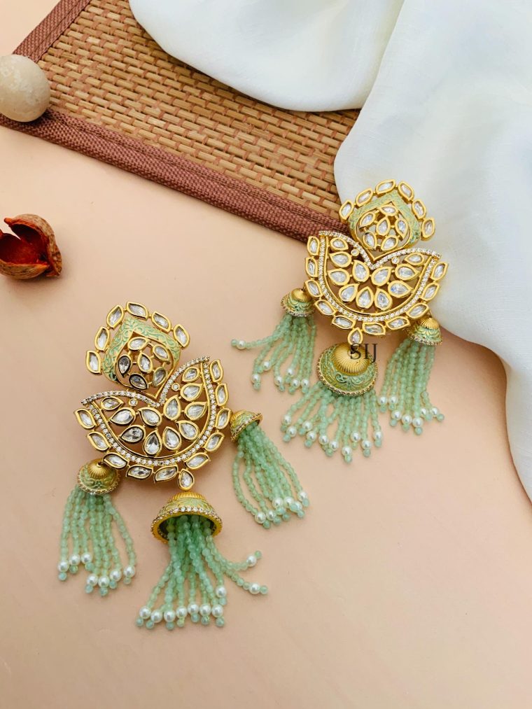 Kundan Stones Earrings With Green Beaded Hanging