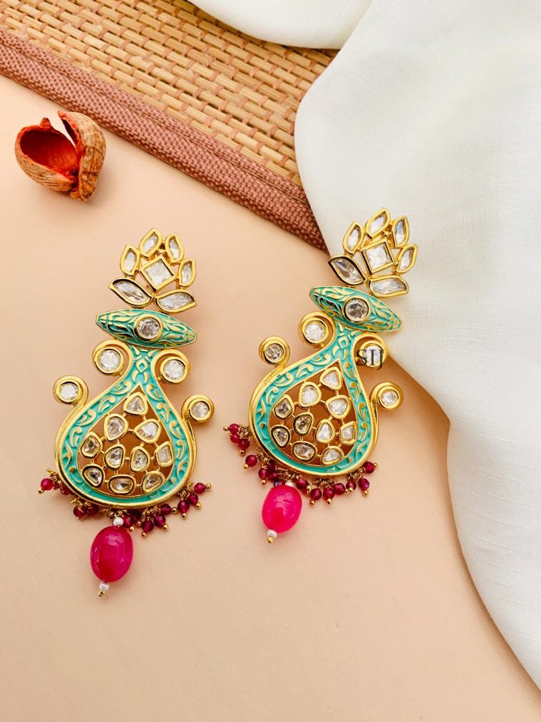 Kundan Stones Designer Green Earrings With Maroon Beaded Hanging