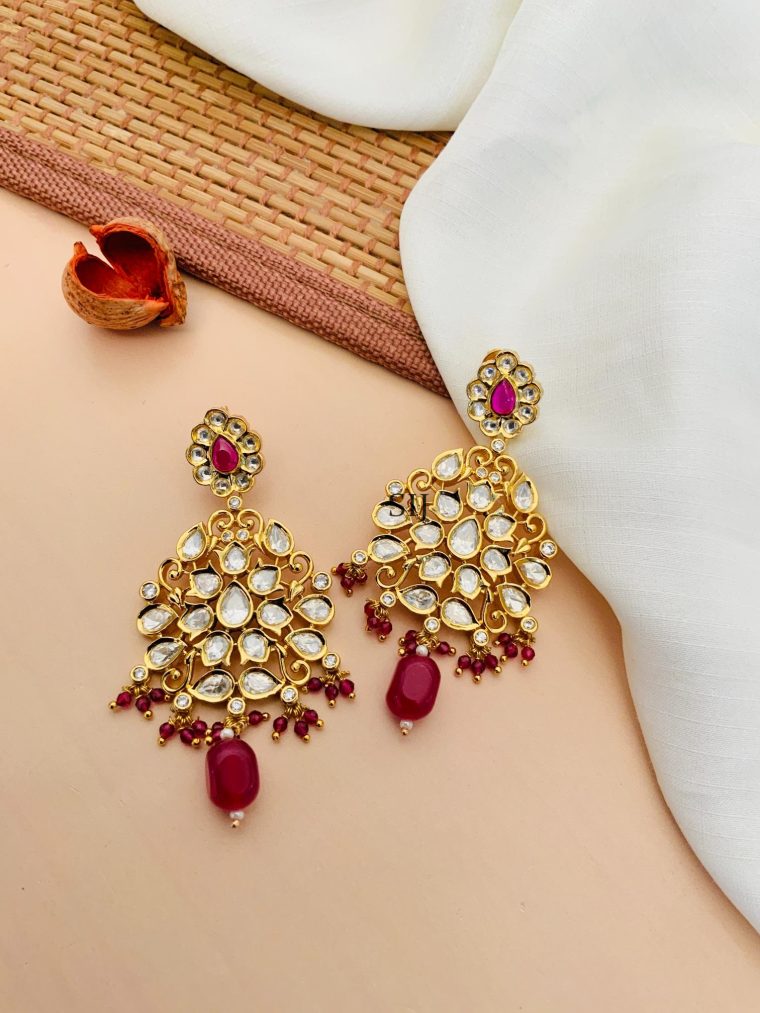 Imitation Kundan Stones Earrings With Maroon Hanging