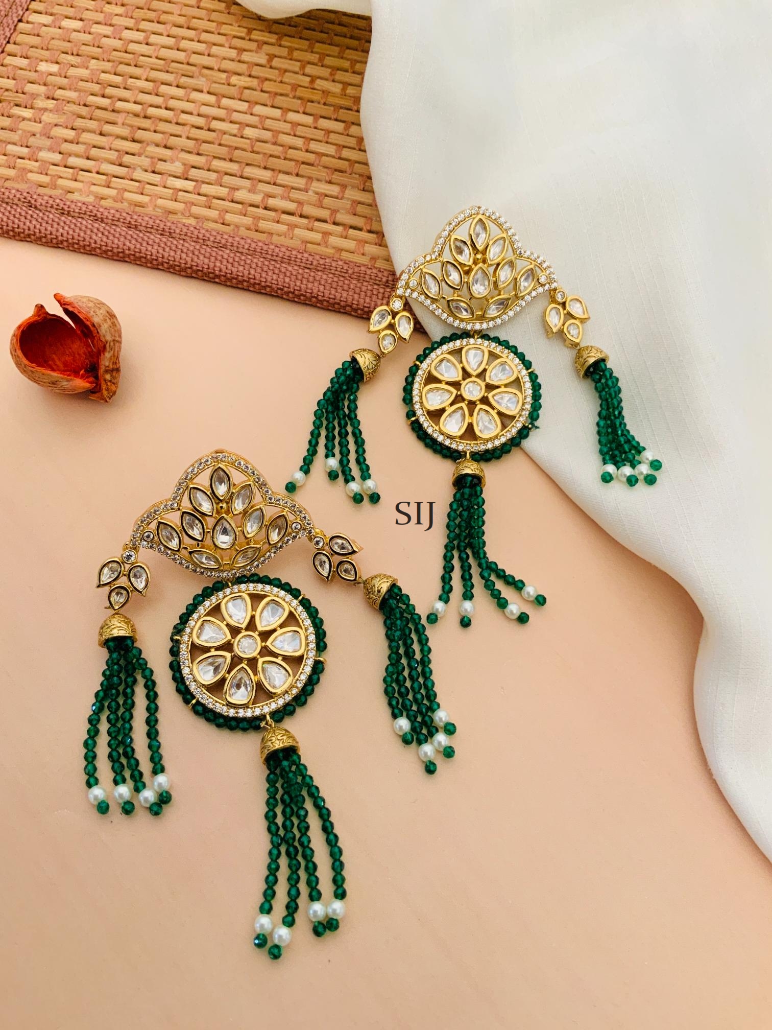 Gold Plated Kundan Earrings With Green Beaded Hanging