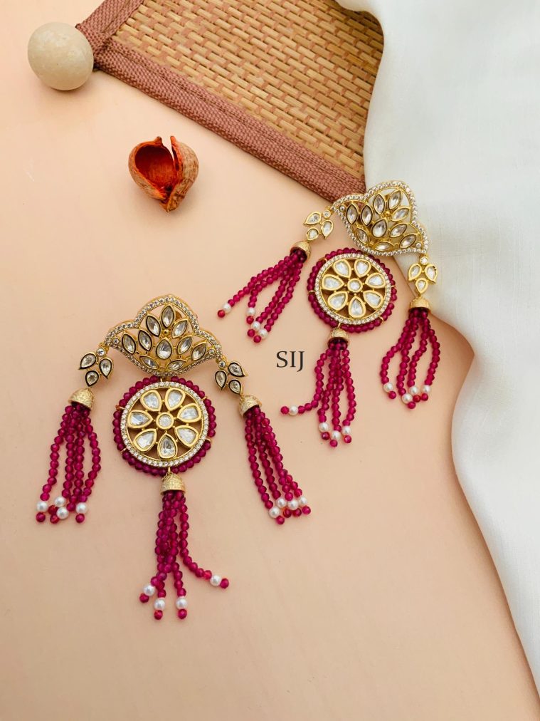 Gold Plated Kundan Earrings With Pink Beaded Hanging