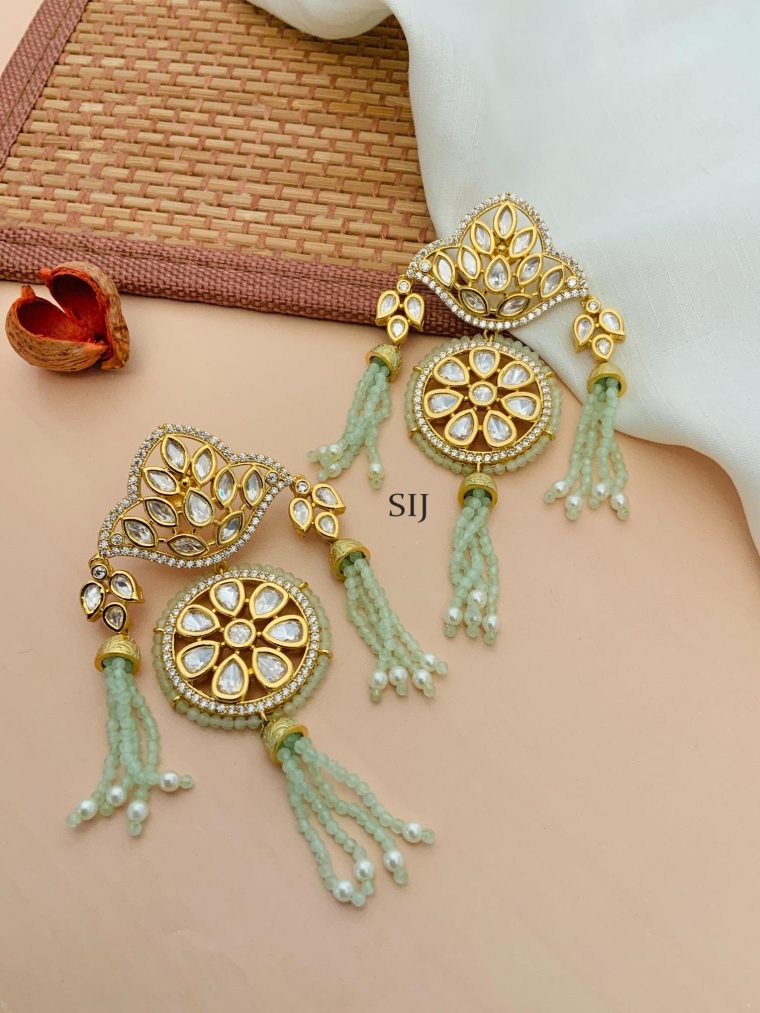 Gold Plated Kundan Earrings With Light Green Beaded Hanging