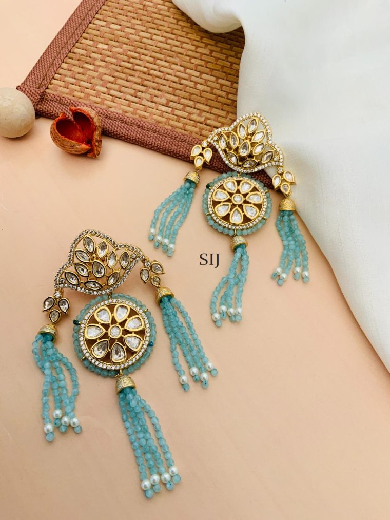 Gold Plated Kundan Earrings With Light Blue Beaded Hanging