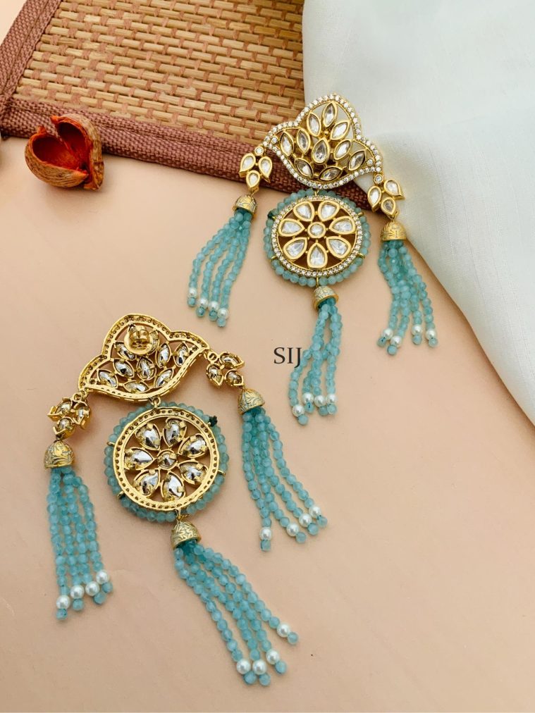 Gold Plated Kundan Earrings With Light Blue Beaded Hanging