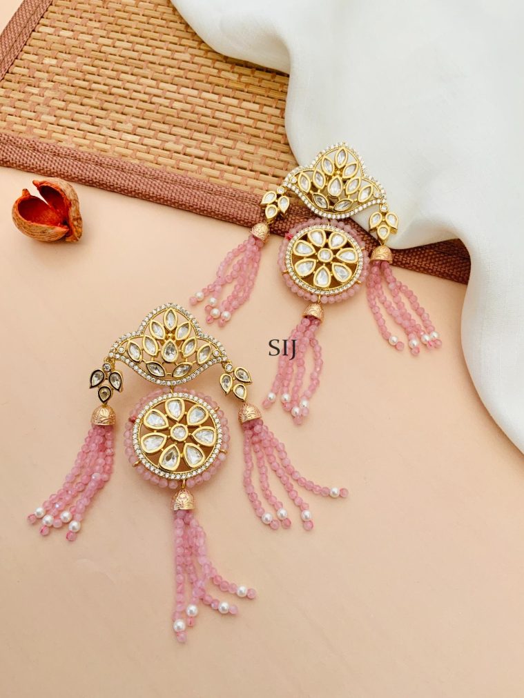 Gold Plated Kundan Earrings With Baby Pink Beaded Hanging