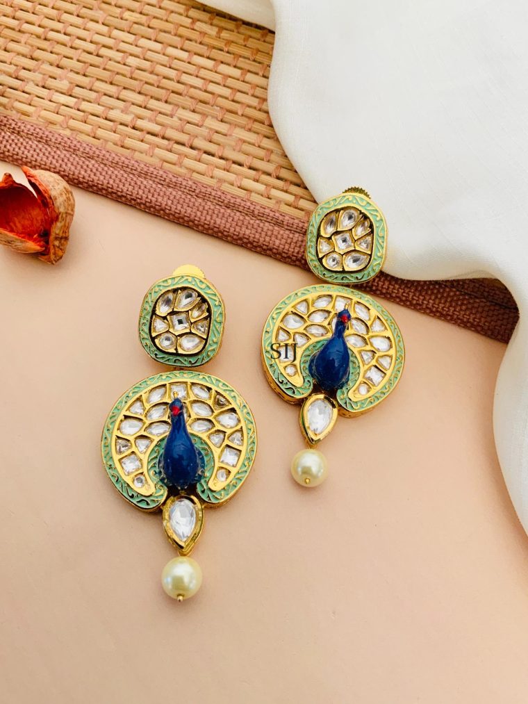 Imitation Peacock Engraved Kundan Stones Earrings With Pearl Hanging