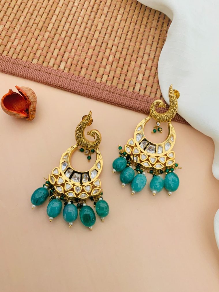 Traditional Peacock Half Moon AD Stones Kundan Earrings