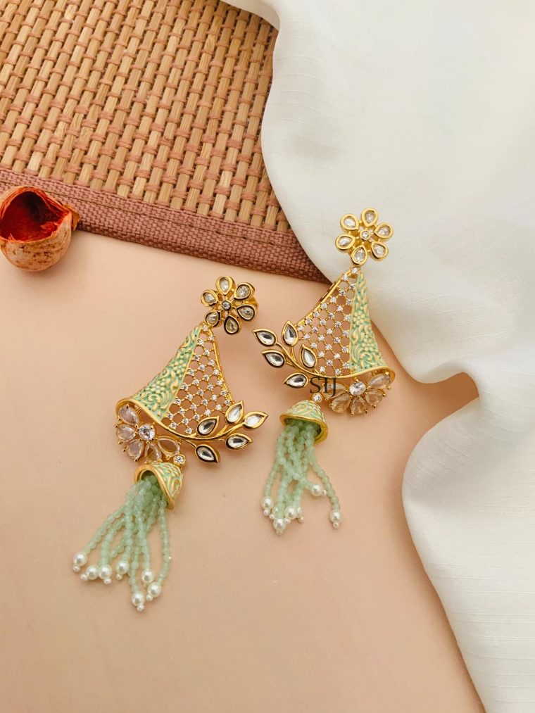 Artificial Flower AD Stones Kundan Earrings With Beaded Layered Hanging