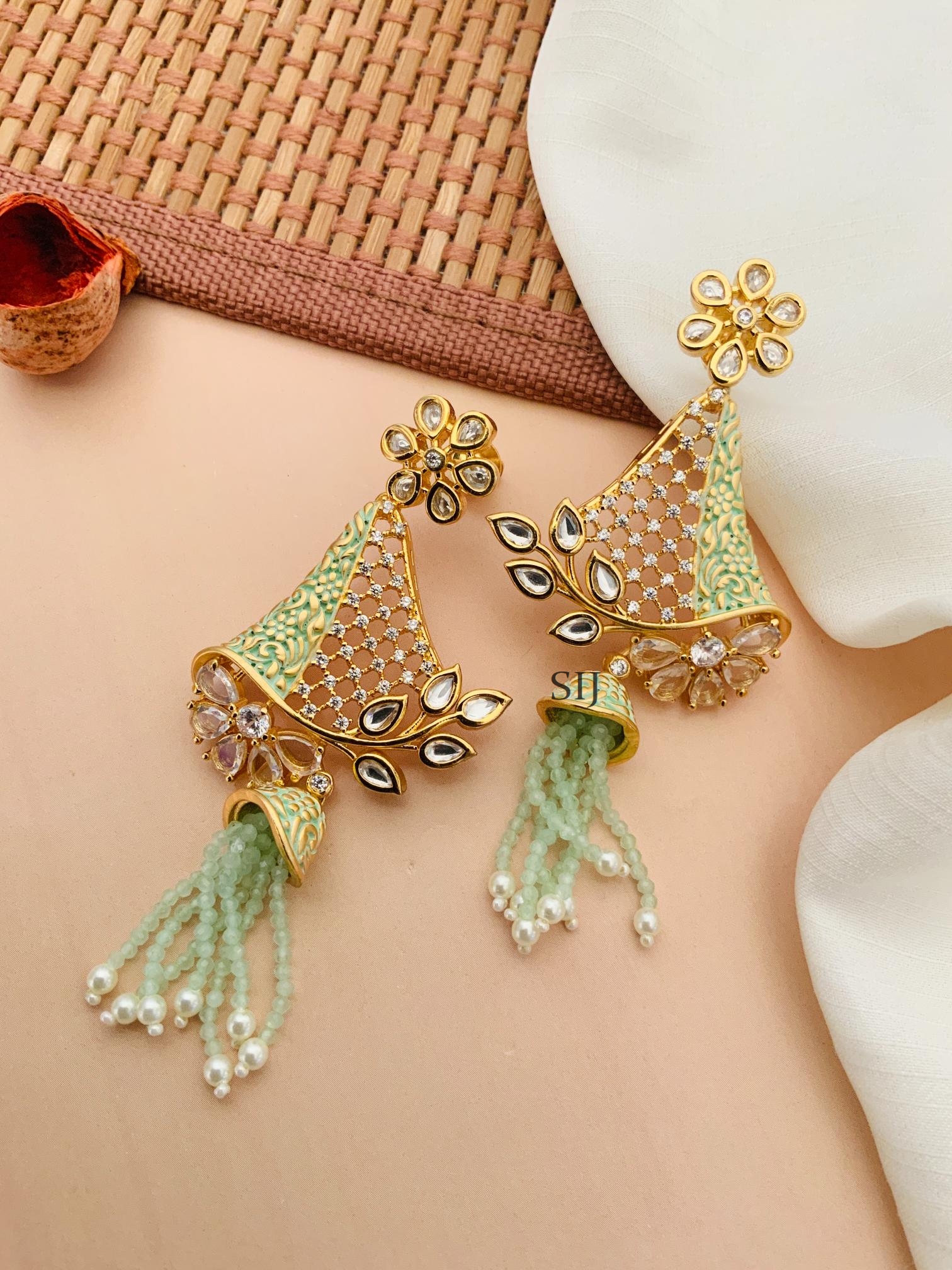Artificial Flower AD Stones Kundan Earrings With Beaded Layered Hanging
